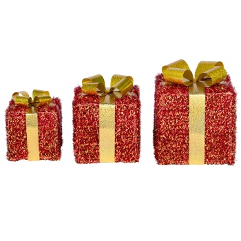 Preview: LED Geschenkboxen 3er Set rot-gold, beleuchtete Geschenke Weihnachtsdeko mit 76 warmweissen LEDs, Timer, batteriebetrieben, 12/15/18 cm