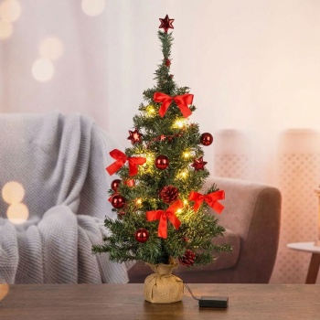 Künstlicher Weihnachtsbaum 75 cm mit LED-Beleuchtung und Deko, Mini Tannenbaum geschmückt mit roten Kugeln, Sternen & Zapfen, Timer, Batteriebetrieb