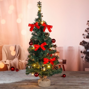Preview: Weihnachtsbaum künstlich 75 cm geschmückt, Tannenbaum mit LED-Lichterkette, roten Schleifen & Kugeln, Jute-Ständer, Timer, Batteriebetrieb, grün