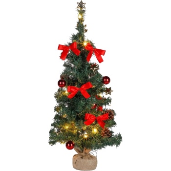 Preview: Weihnachtsbaum künstlich 75 cm geschmückt, Tannenbaum mit LED-Lichterkette, roten Schleifen & Kugeln, Jute-Ständer, Timer, Batteriebetrieb, grün