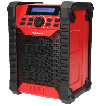 Preview: Baustellenradio DAB+ und UKW mit Bluetooth und Akku, robustes Radio IP54 mit 30 W Klang, bis 10 Std. Laufzeit, USB-C Ladung, Tragegriff, rot/schwarz