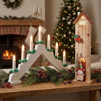 Preview: LED Adventskalender Haus & LED-Lichterbogen Set: Elegante Weihnachtsdeko warmweiss beleuchtet mit Timer & Countdown - Ideal für Tisch & Fenster