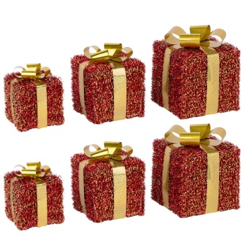Preview: LED Geschenkboxen 6er Set rot-gold, beleuchtete Geschenke Weihnachtsdeko mit 152 warmweissen LEDs, Timer, batteriebetrieben, 12/15/18 cm