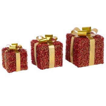Preview: LED Geschenkboxen 6er Set rot-gold, beleuchtete Geschenke Weihnachtsdeko mit 152 warmweissen LEDs, Timer, batteriebetrieben, 12/15/18 cm