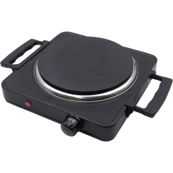 Preview: Einzelkochplatte 1500 Watt schwarz, elektrische Kochplatte mit Gusseisenplatte, Drehregler und Griffen, mobile Herdplatte für Camping und Büro