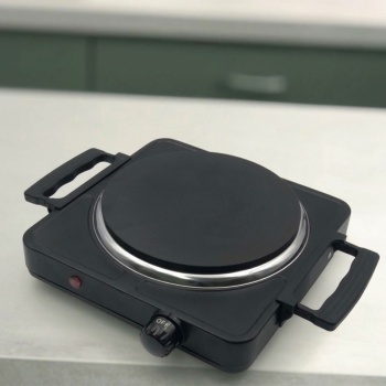 Preview: Einzelkochplatte 1500 Watt schwarz, elektrische Kochplatte mit Gusseisenplatte, Drehregler und Griffen, mobile Herdplatte für Camping und Büro