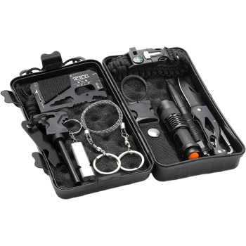 Preview: Survival Set mit Klappspaten, 10-teiliges Outdoor Notfallset in Schutzbox mit Taschenlampe, Taschenmesser, Feuerstarter und Seilsäge, Feldschaufel mit Tasche