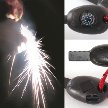 Preview: Feuerstahl Outdoor Survival Set mit Kompass, Pfeife und Schaber mit Säge, Feuerstein Firestarter zum Feuer machen für Camping, Wandern und Bushcraft