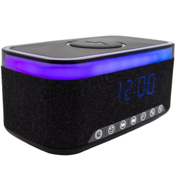 Preview: Praktischer LED Wecker mit Bluetooth Lautsprecher & 15W Wireless Charger für Nachttisch & Büro - stylische Uhr mit RGB Licht & Akku