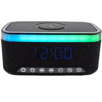 Preview: Praktischer LED Wecker mit Bluetooth Lautsprecher & 15W Wireless Charger für Nachttisch & Büro - stylische Uhr mit RGB Licht & Akku