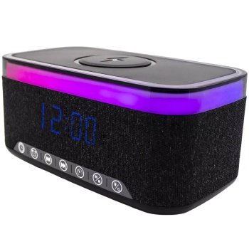 Preview: Praktischer LED Wecker mit Bluetooth Lautsprecher & 15W Wireless Charger für Nachttisch & Büro - stylische Uhr mit RGB Licht & Akku
