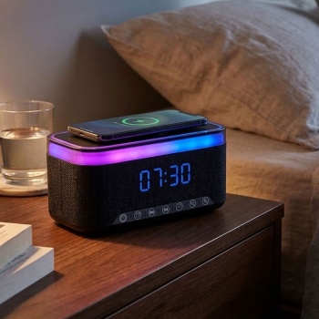 Praktischer LED Wecker mit Bluetooth Lautsprecher & 15W Wireless Charger für Nachttisch & Büro - stylische Uhr mit RGB Licht & Akku