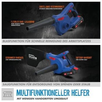 Preview: Akku Bläser und Sauger 18V kompakt, Akku Gebläse und Handsauger 2 in 1 mit 3 Stufen und Schmutzfangsack für Werkstatt, ohne Akku und Ladegerät