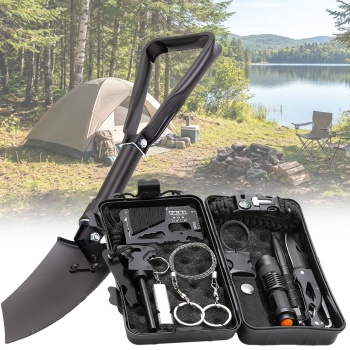 Survival Set mit Klappspaten, 10-teiliges Outdoor Notfallset in Schutzbox mit Taschenlampe, Taschenmesser, Feuerstarter und Seilsäge, Feldschaufel mit Tasche