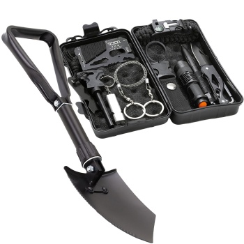 Preview: Survival Set mit Klappspaten, 10-teiliges Outdoor Notfallset in Schutzbox mit Taschenlampe, Taschenmesser, Feuerstarter und Seilsäge, Feldschaufel mit Tasche