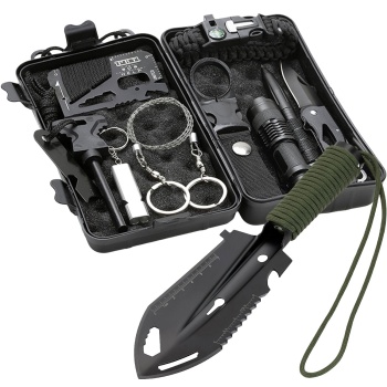 Preview: Survival Kit mit Multifunktionsschaufel 10-in-1, Outdoor Notfallset in Schutzbox mit Taschenlampe, Messer, Feuerstahl, Seilsäge und Paracord, Bushcraft Set