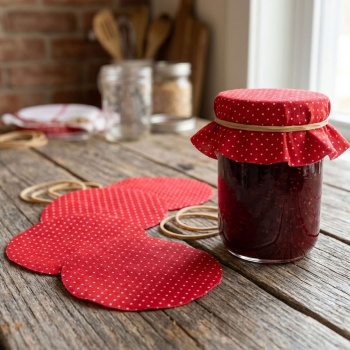 Preview: Einmachglas Deckchen aus Baumwolle 5 Stück, rund Ø 14,5 cm, Stoffdeckchen rot mit weissen Punkten inkl. Gummibänder, für Marmeladengläser und Geschenke