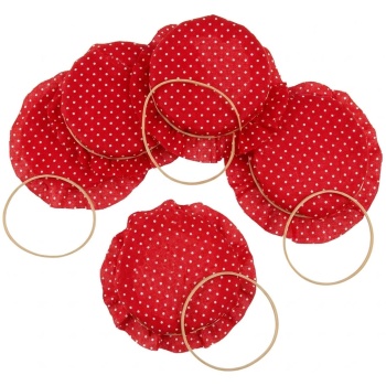 Preview: Einmachglas Deckchen aus Baumwolle 5 Stück, rund Ø 14,5 cm, Stoffdeckchen rot mit weissen Punkten inkl. Gummibänder, für Marmeladengläser und Geschenke