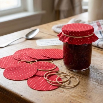 Preview: Einmachglas Deckchen aus Baumwolle 10 Stück, rund Ø 14,5 cm, Stoffdeckchen rot mit weissen Punkten inkl. Gummibänder, für Marmeladengläser und Geschenke