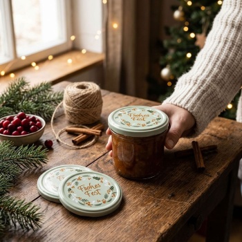 Preview: Deckel für Einmachgläser Ø 66 mm mit Weihnachtsmotiv «Frohes Fest», 3er-Pack, Schraubdeckel aus Metall, Kranz aus Beeren und Zweigen, salbeigrün