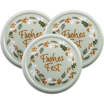 Deckel für Einmachgläser Ø 82 mm mit Weihnachtsmotiv «Frohes Fest», 3er-Pack, Schraubdeckel aus Metall, Kranz aus Beeren und Zweigen, salbeigrün