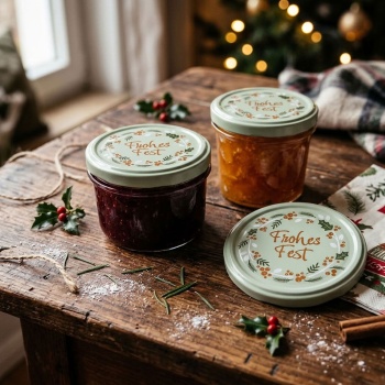 Preview: Deckel für Einmachgläser Ø 82 mm mit Weihnachtsmotiv «Frohes Fest», 3er-Pack, Schraubdeckel aus Metall, Kranz aus Beeren und Zweigen, salbeigrün
