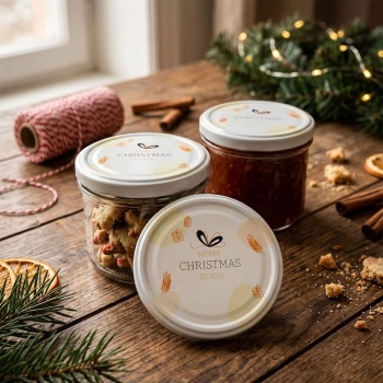 Preview: Einmachglas Deckel Ø 66 mm mit «Merry Christmas to you», 3er-Pack, Metall Schraubdeckel weiss , Geschenk- und Zweigmotiv für Weihnachtsgeschenke im Glas