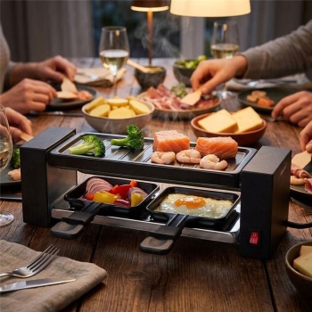 Raclette Grill für 2 Personen 400 W, Mini Raclette Ofen mit Grillplatte, 2 antihaftbeschichteten Pfännchen und Spateln, kompakt