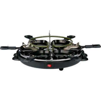 Preview: Raclette Grill rund für 6 Personen 800 W, Raclette Ofen mit abnehmbarer antihaftbeschichteter Grillplatte und 6 ovalen Pfännchen, Edelstahl Reflektor
