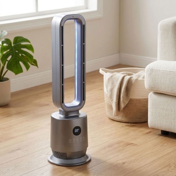 Heizlüfter ohne Rotor 2000 W, rotorloser PTC Keramik Heizlüfter mit Fernbedienung, Thermostat, 45° Oszillation, Timer und Ambientelicht, silber