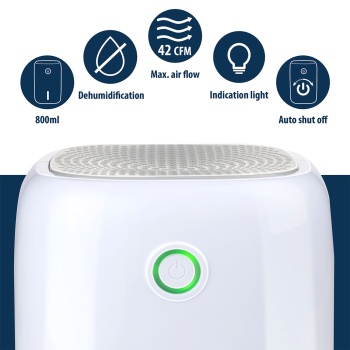 Preview: Luftentfeuchter elektrisch klein 800 ml, leiser Mini Luftentfeuchter für Schlafzimmer, Bad, Keller, Ankleide und Wohnwagen, bis 330 ml pro Tag, 22,5 W