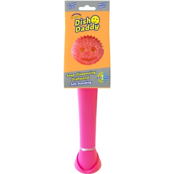 Scrub Daddy Dish Daddy Pink, Spülbürste mit Seifenspender und abnehmbarem Schwammkopf, Spülstab für Geschirr, Töpfe und Pfannen, mit Abtropfständer