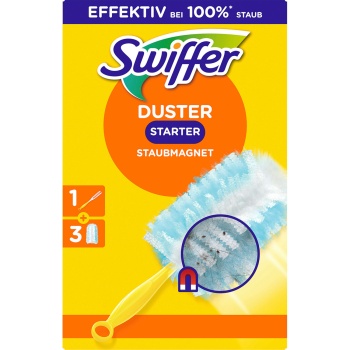 Preview: Swiffer Staubmagnet Starterset mit Griff und 3 Staubtüchern, Staubwedel für Möbel, Regale, Lampen, Bilderrahmen und Elektronik, fängt Staub und Haare ein