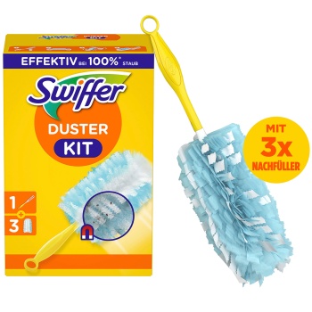 Swiffer Staubmagnet Starterset mit Griff und 3 Staubtüchern, Staubwedel für Möbel, Regale, Lampen, Bilderrahmen und Elektronik, fängt Staub und Haare ein