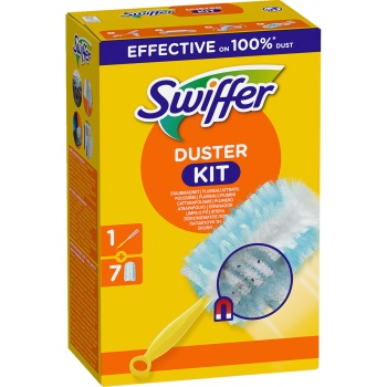Swiffer Staubmagnet Starterset mit Griff und 7 Staubtüchern, Staubwedel für Möbel, Regale, Lampen, Bilderrahmen und Elektronik, fängt Staub und Haare ein