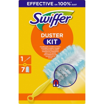 Preview: Swiffer Staubmagnet Starterset mit Griff und 7 Staubtüchern, Staubwedel für Möbel, Regale, Lampen, Bilderrahmen und Elektronik, fängt Staub und Haare ein