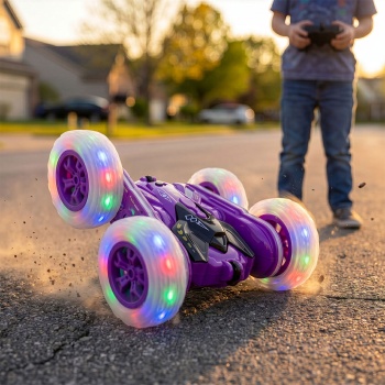 Ferngesteuertes Auto Stunt Car mit 360 Grad Rotation, lila, RC Auto mit Leuchträdern und Akku, 12 km/h, 2,4 GHz Fernbedienung, Spielzeug für Kinder