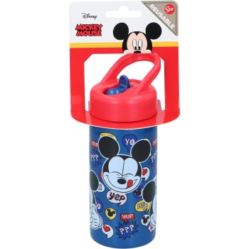 Preview: Kinder Trinkflasche Mickey Mouse 420 ml mit Klapp-Trinkhalm und Tragegriff, wiederverwendbare Trinkflasche für Kindergarten, Schule und Ausflüge, blau-rot
