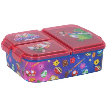 Preview: Lunchbox Kinder Super Mario mit 3 Fächern, Brotdose mit Mario, Yoshi und Toad im Galaxy Design, Znünibox aus Kunststoff (PP) mit Klickverschluss für Schule