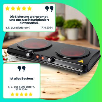 Preview: Glaskeramik Doppelkochplatte, 2 Kochfelder 16,4 & 18,8 cm, mobil - tragbar, 2.000 W, schnelles Aufheizen, ideal für Camping, Garten und Zuhause 