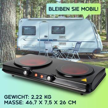 Preview: Glaskeramik Doppelkochplatte, 2 Kochfelder 16,4 & 18,8 cm, mobil - tragbar, 2.000 W, schnelles Aufheizen, ideal für Camping, Garten und Zuhause 