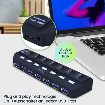 Preview: Hochwertiger aktiver USB 3.0 Hub für bis zu 7 Geräte – schneller Datentransfer, USB-A Anschlüsse, einzeln schaltbar, kompakt & leistungsstark
