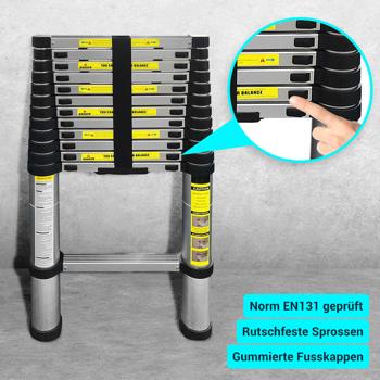 Preview: Teleskopleiter, Ausziehbare Leiter bis 2.6 m, Multifunktionsleiter mit 150kg Belastbarkeit, Rutschfeste Aluminium Dachbodenleiter mit rutschfesten Füssen