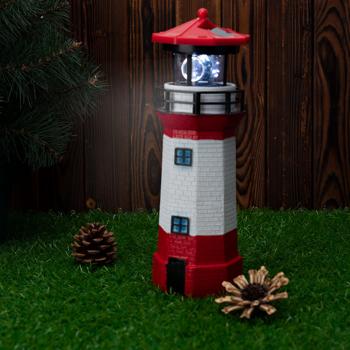 Preview: 2er-Set Solar-Deko-Leuchtturm mit rotierendem Reflektor: Stimmungsvolle LED-Gartenlaterne (rot-weiss) mit Lichtsensor für maritime Atmosphäre