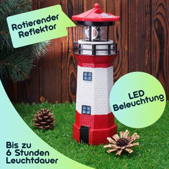 Preview: Solar-Deko-Leuchtturm mit rotierendem Reflektor: Stimmungsvolle LED-Gartenlaterne (rot-weiss) mit Lichtsensor für maritime Atmosphäre
