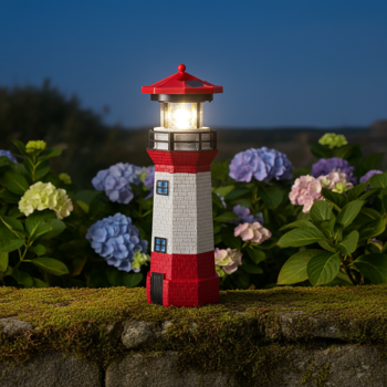 Preview: Solar-Deko-Leuchtturm mit rotierendem Reflektor: Stimmungsvolle LED-Gartenlaterne (rot-weiss) mit Lichtsensor für maritime Atmosphäre