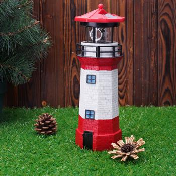 Preview: 2er-Set Solar-Deko-Leuchtturm mit rotierendem Reflektor: Stimmungsvolle LED-Gartenlaterne (rot-weiss) mit Lichtsensor für maritime Atmosphäre