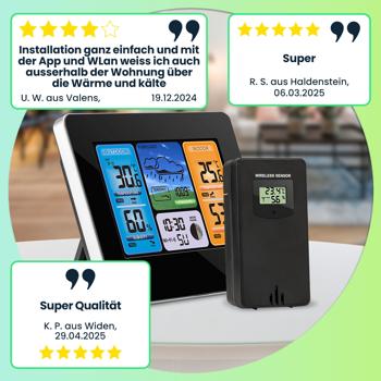 Preview: Moderne WLAN Wetterstation, Aussenfühler, Farbdisplay, Uhr, Wettertendenz, Luftfeuchtigkeit. App-Analyse für Wetterhistorie. Präzise Wetterdaten