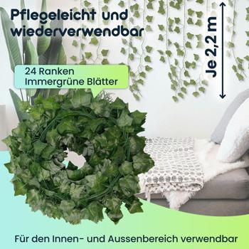 Preview: Efeu Deko Girlanden, 24er-Set, Kunstoff und Textilfasern, täuschend echt, jeweils 2,2 m Länge und 81 Blätter zur stilvollen Wanddekoration