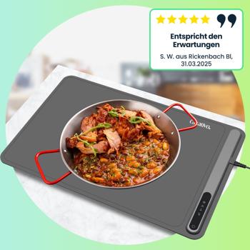 Preview: Profi Silikon-Warmhalteplatte (250W) – Elektrischer Speisenwärmer mit 3 Stufen (55-100°C), Warmhaltematte mit LCD-Touch-Display, rollbar, 61x40cm